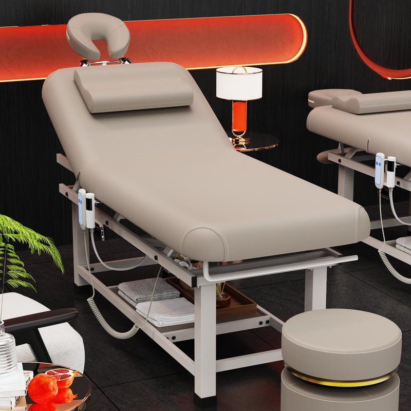 pouseayar Heating Function Heavy Duty Electric Stationary Massage Table with Backrest Adjustable and Storage Space for Treatment/Medical Spa/Facial/Beauty/Massage Bed - 30 x 75 - Beige Gray