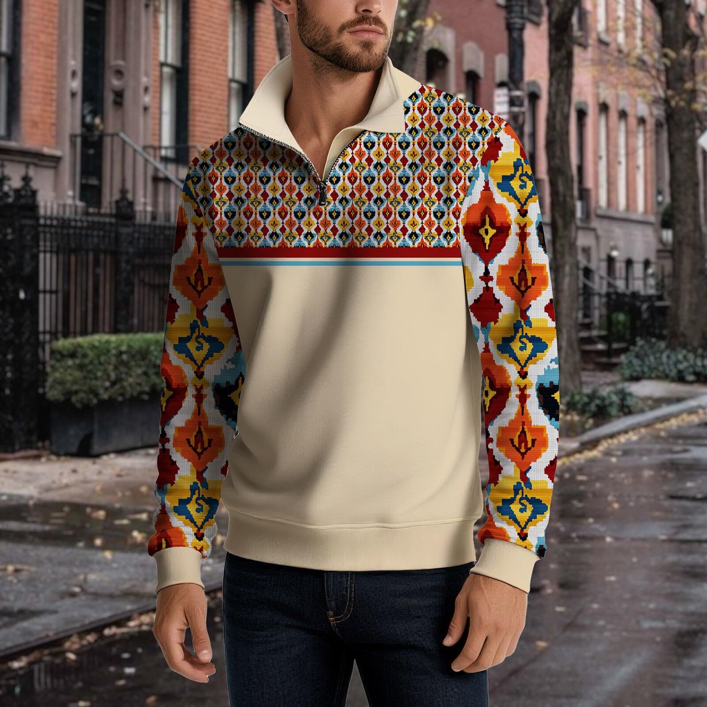 Zhyaj Men's Half Zip Stand Collar Sweatshirt Geometric Ethnic Inspired Print Pullover Casual Fall Winter Top Patchwork Color Block Long Sleeve Comfortable Polyester Sweater for Everyday Style