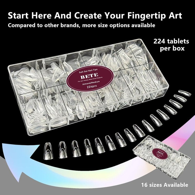 BETE Medium Almond Clear Acrylic Nail Tips - 224 Pcs in 16 Sizes | Pre-Shaped Strong Press-On Nails for DIY Manicure