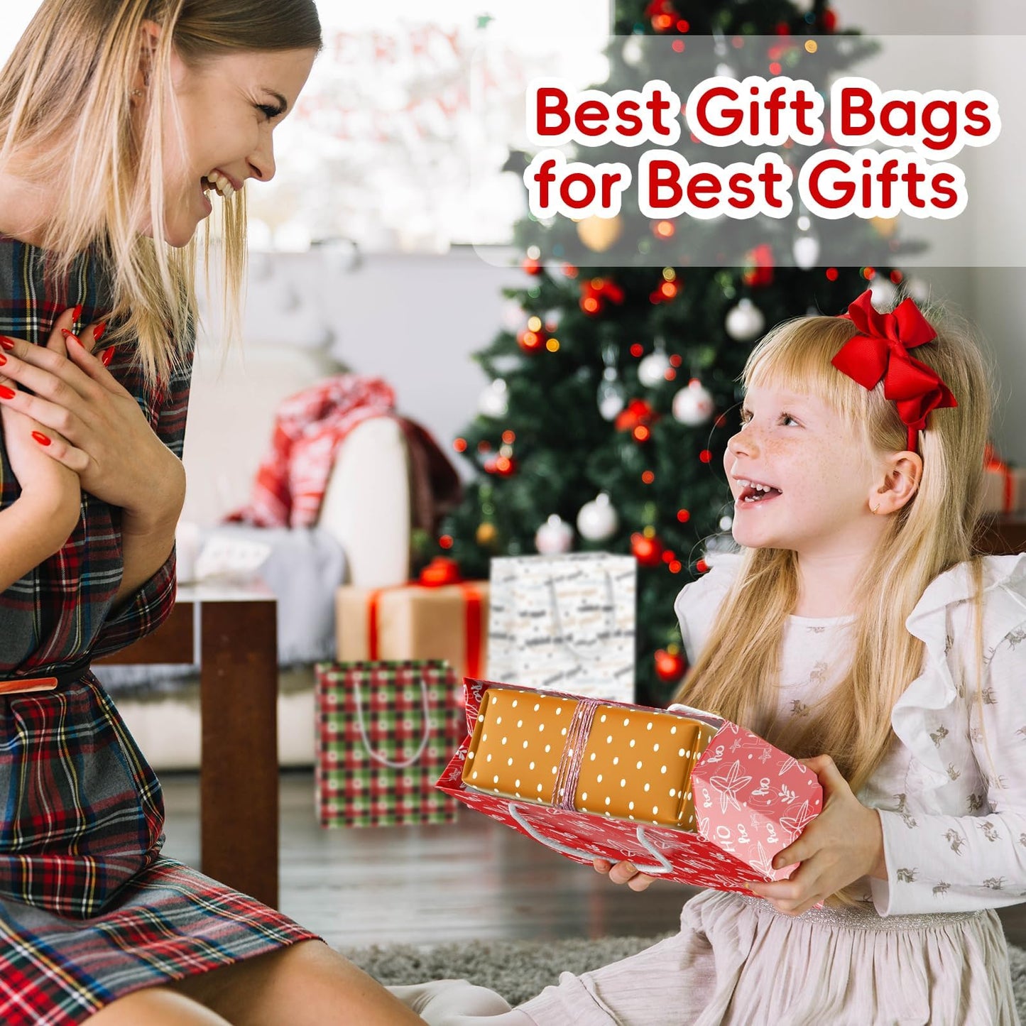 DeckTheHalls 12 PCS Christmas Gift Bags Presents Wrapping, Xmas Patents Gift Bags Candy Bags Decor Supplies for Classroom, Wedding, Birthday, Holiday, Christmas (Large 13’’, Medium 9.5’’, Small 6.5’’)