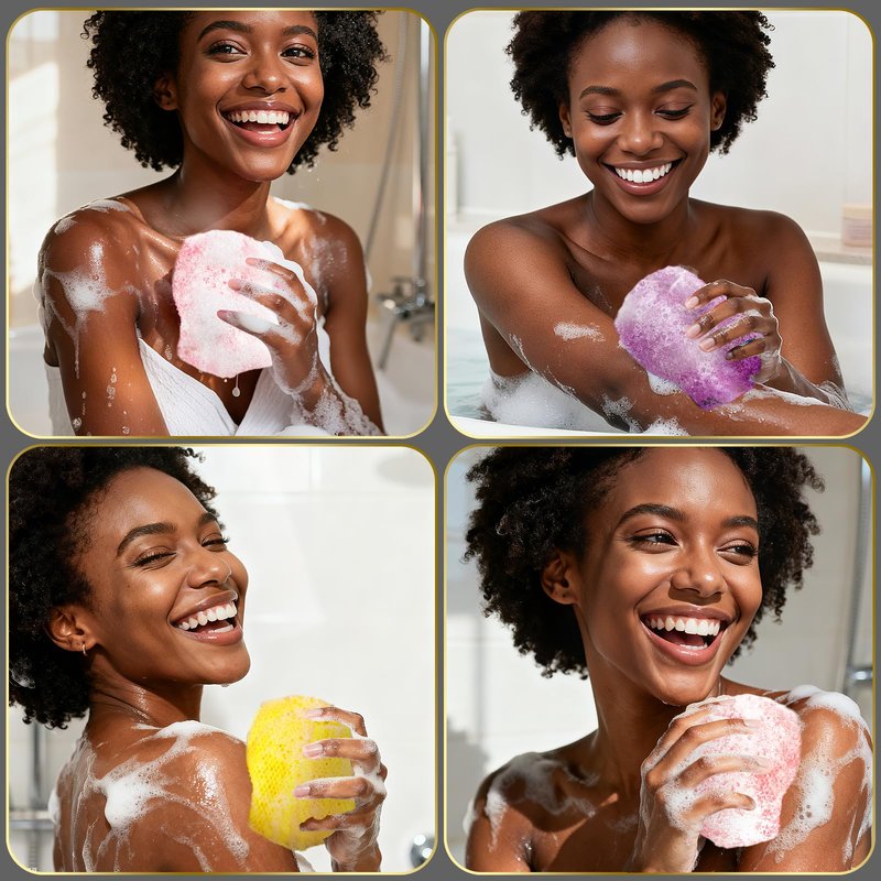 UJFQBH 3 Pieces African Bath Sponge African Net Long Net Bath Sponge Exfoliating Shower Body Scrubber Back Scrubber Skin Smoother,Great for Daily Use (Pink,Yellow,Purple)