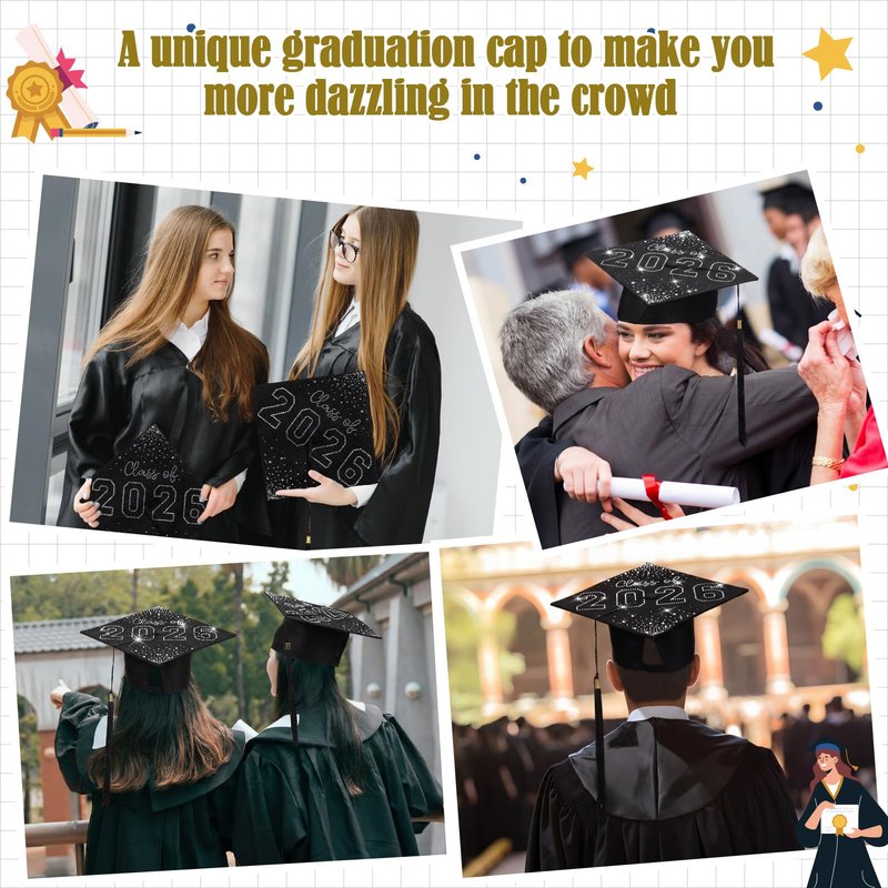 Jamntower Rhinestones Graduation Cap Class of 2026 Crystal Grad Cap for Men Women Girls High School Bachelor Photo Props(Silver)