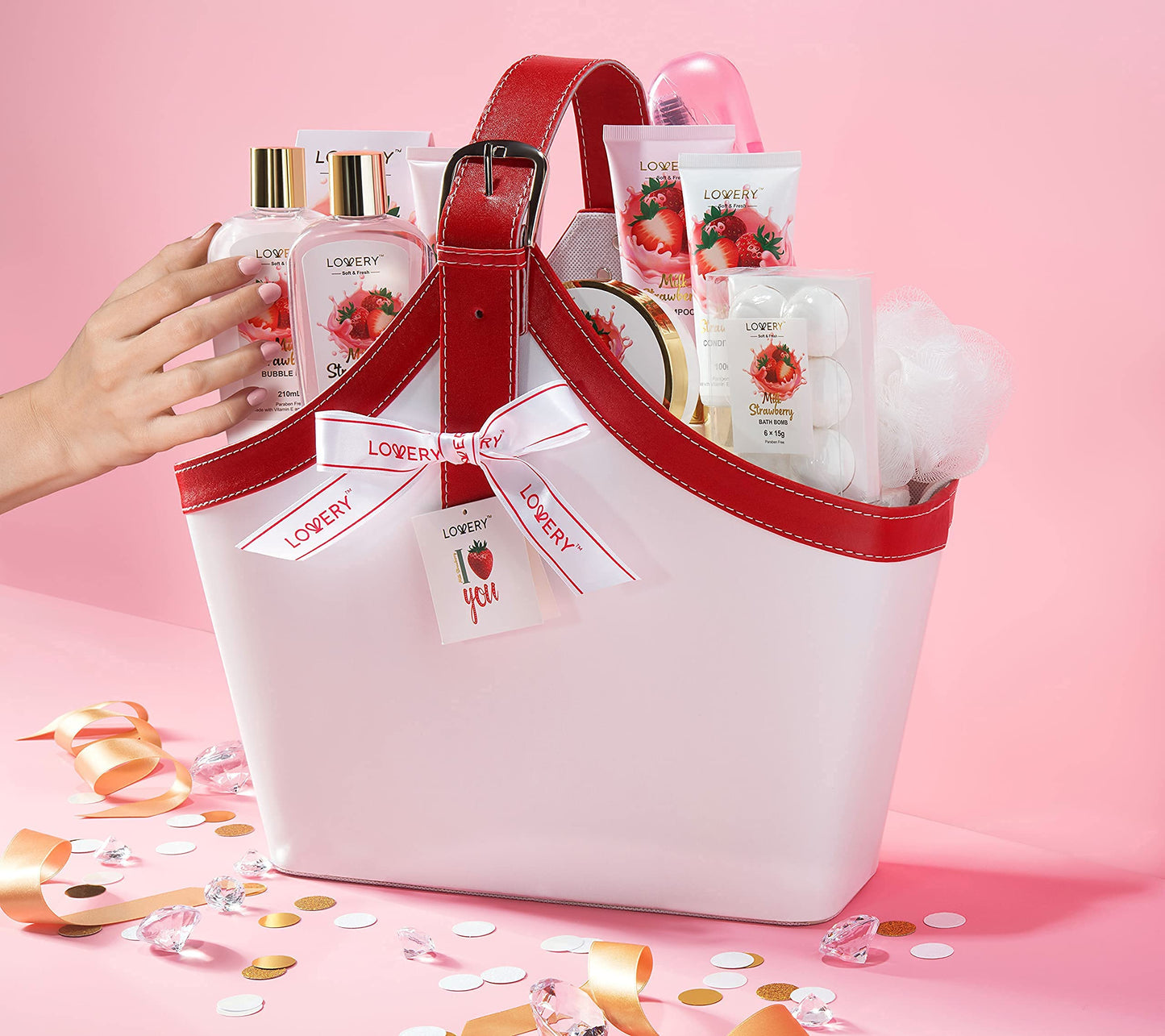 Home Spa Kit Birthday Gift Set – Strawberry Milk Bath Set, 25Pcs Shower Gel, Body Lotion, Shower Steamers, Shampoo, Tooth Paste & Brush in a Leather Tote Bag, Luxury Bath & Shower Package for Women