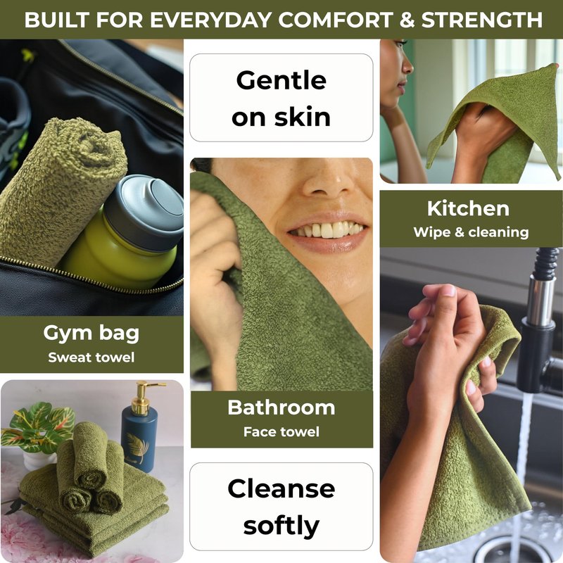 LIVINATI Sage Green 100% Cotton Wash Cloths for Showering Body and Face - 12"X12" 6 Pack Washcloths - Small Terry Towel Bath Rags for Adults and Kids Bathroom - Soft Absorbent