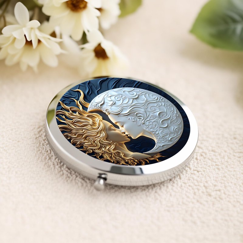 Silver Compact Mirror, 2.8x2.8inch Double-Sided Folding Makeup Mirror with Moon Goddess Face Design, Ideal Gift for Women
