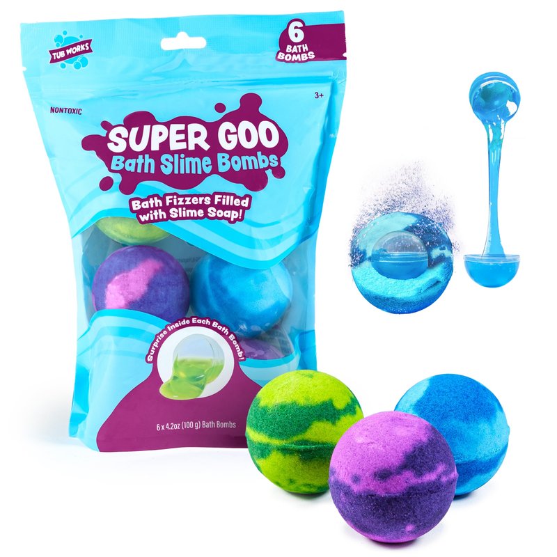 Tub Works Super Goo Bath Slime 'Surprise' Bombs, 6 Pack | Kids Bath Bombs With Surprise Inside | Nontoxic | Stretchy, Squishy Slime Soap | Sensory Fun for Kids