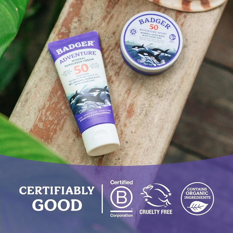 Badger Reef Safe Mineral Sunscreen - SPF 50, 98% Organic, Water Resistant, Unscented, 2.9 fl oz