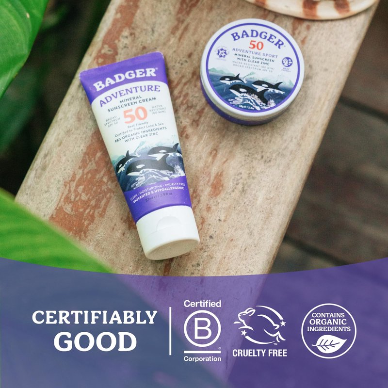 Badger Reef Safe Mineral Sunscreen, SPF 50, 98% Organic with Zinc Oxide, Non Toxic, Water Resistant, Unscented & Hypoallergenic, Broad - Spectrum, For Adventure, Travel & Sport, 2.4 oz Tin