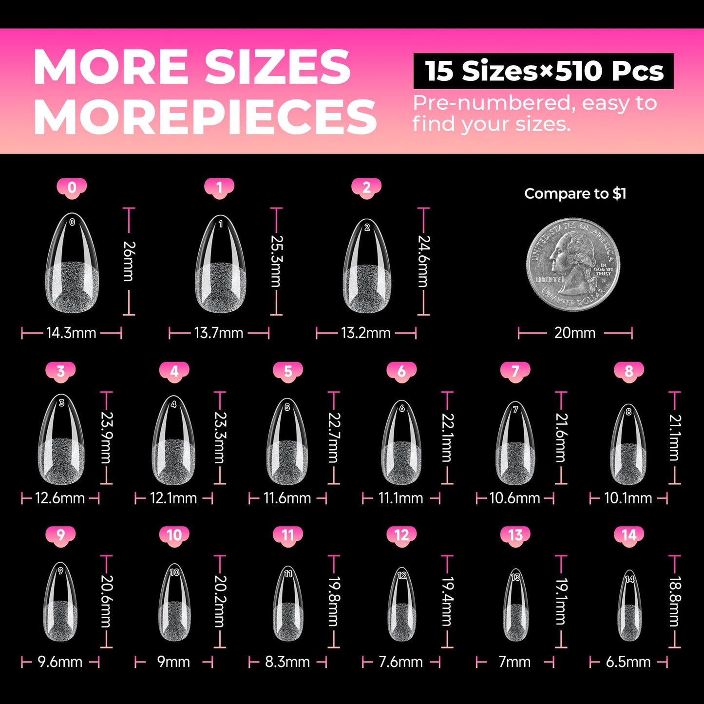 UNA GELLA Almond Nail Tips: 510Pcs Almond Gel Nails Tips 15 Sizes Pre-Etched Full Cover A lmond Clear Press on Nails Acrylic False No C Curve Nail Tips for Press on Nail Extensions Home DIY Salon