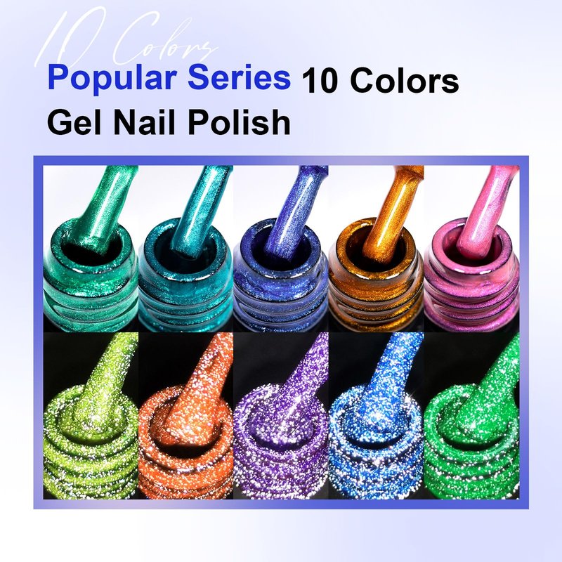 MEET ACROSS 12Pcs Gel Nail Polish Set 10 Colors Metallic Gel Polish + Reflective Glitter Neon Gel Polish, Soak Off Uv Led Nail Polish Kit with Base Top Coat Nail Gift for Her