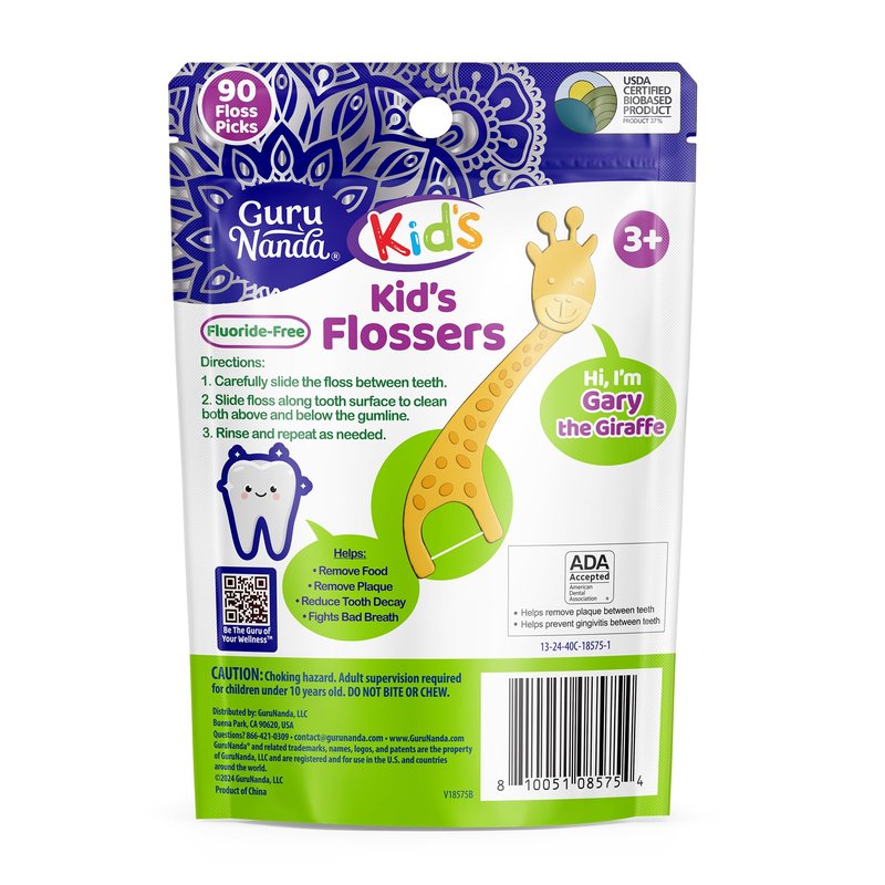 GuruNanda Dental Floss Picks for Kids, Extra-Long Giraffe-Shaped Picks, Fluoride-Free, Anti-Slip & Shred-Resistant Design & Eco-Friendly Handle & Berry Flavor, Ideal for Ages 3+, 90 Count (Pack of 1)