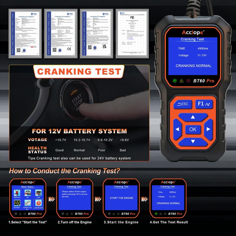 Acclope BT60 PRO Car Battery Tester 6V/12V/24V, 2-120Ah, 100-3000 CCA, Alternator & Starter/Charging System Analyzer, Automotive Load Test, QR Cloud Report (No App), for Car Truck Motorcycle Marine/RV