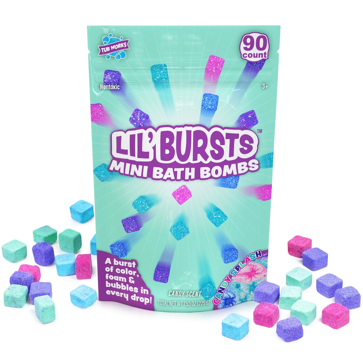 Tub Works® Lil' Bursts™ Mini Bath Bombs for Kids, 90 Count, Candy Splash | Nontoxic | Tiny Kids Bath Bombs with A Burst of Color, Foam & Bubbles | Customize Toddler Bath with Colors | Create Tub Art