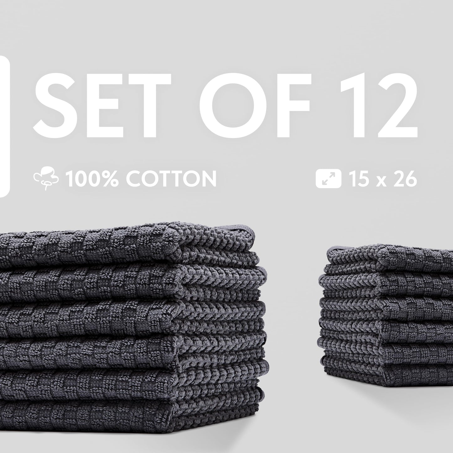 Wealuxe Super Absorbent Kitchen Towels 12 Pack - Premium 100% Cotton Kitchen Towels, 450GSM Thick Machine Washable Gray Dish Towels for Kitchen Drying, Cleaning, Dobby Weave, Unmatched Quality