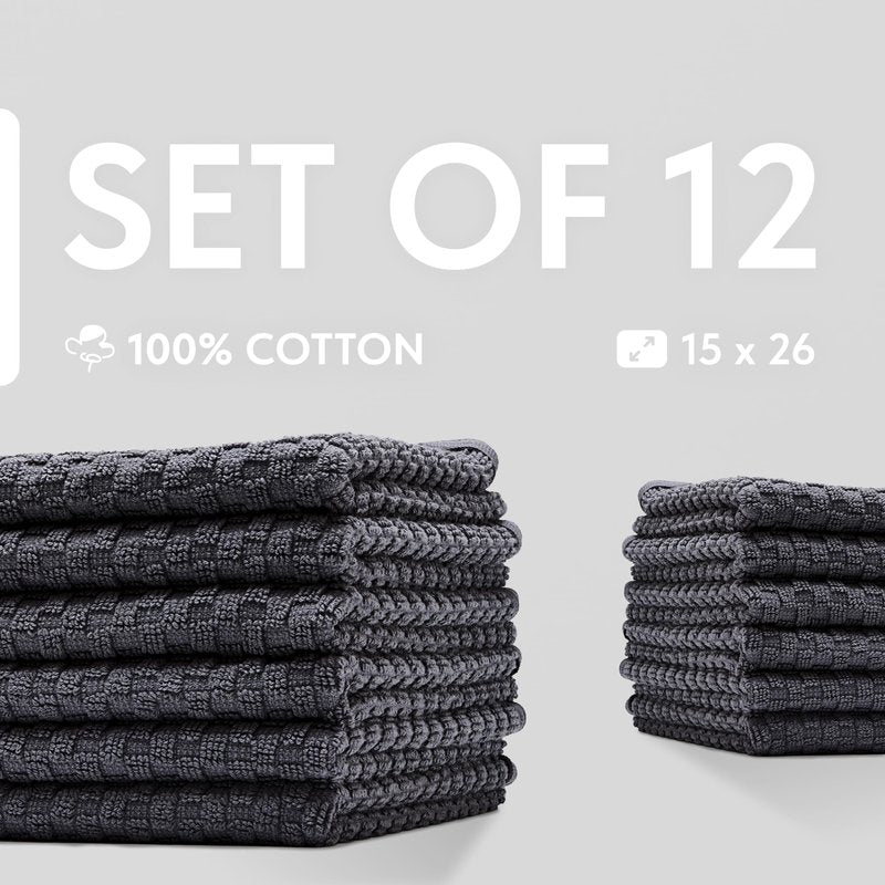 Wealuxe Super Absorbent Kitchen Towels 12 Pack - Premium 100% Cotton Kitchen Towels, 450GSM Thick Machine Washable Gray Dish Towels for Kitchen Drying, Cleaning, Dobby Weave, Unmatched Quality