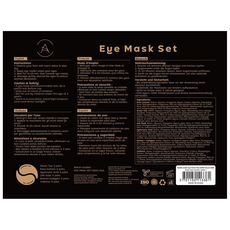 AURAE Variety Under Eye Patches (30 Pairs) - Eye Mask for Dark Circles, Puffiness & Care - Hyaluronic Acid, Green Tea, Rose, 24K Gold, Retinol & Collagen