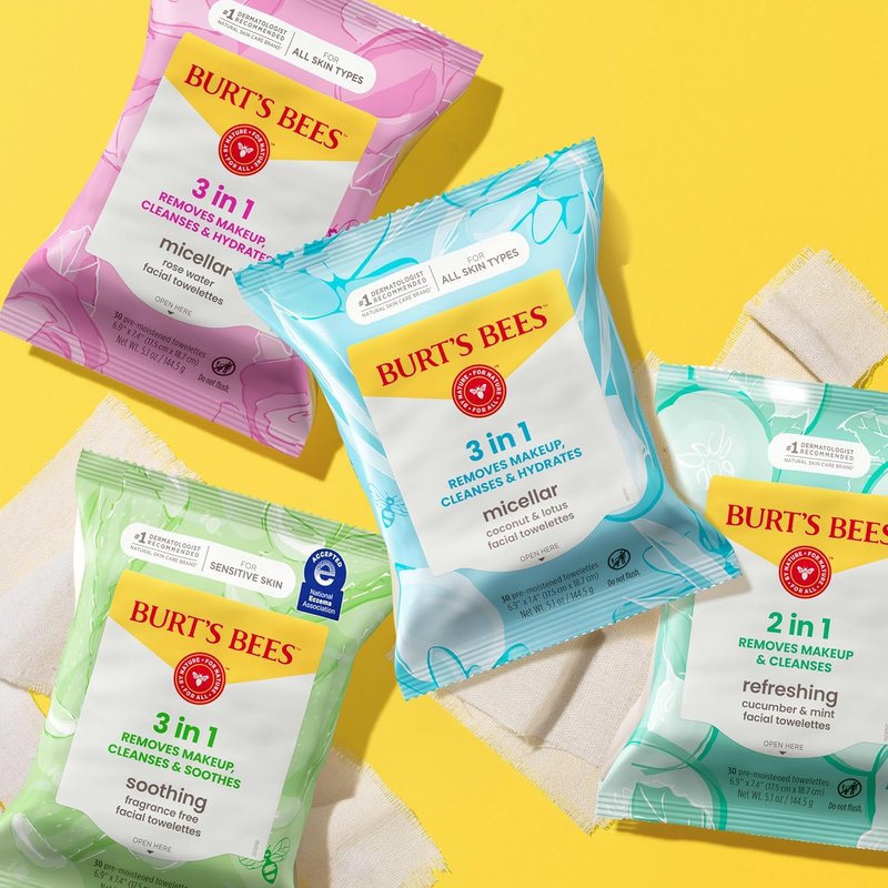Burt's Bees Micellar Rose Water Facial Towelettes - 100% Plant-Based Cloth, 30 Ct | Hydrating Makeup Remover for All Skin Types