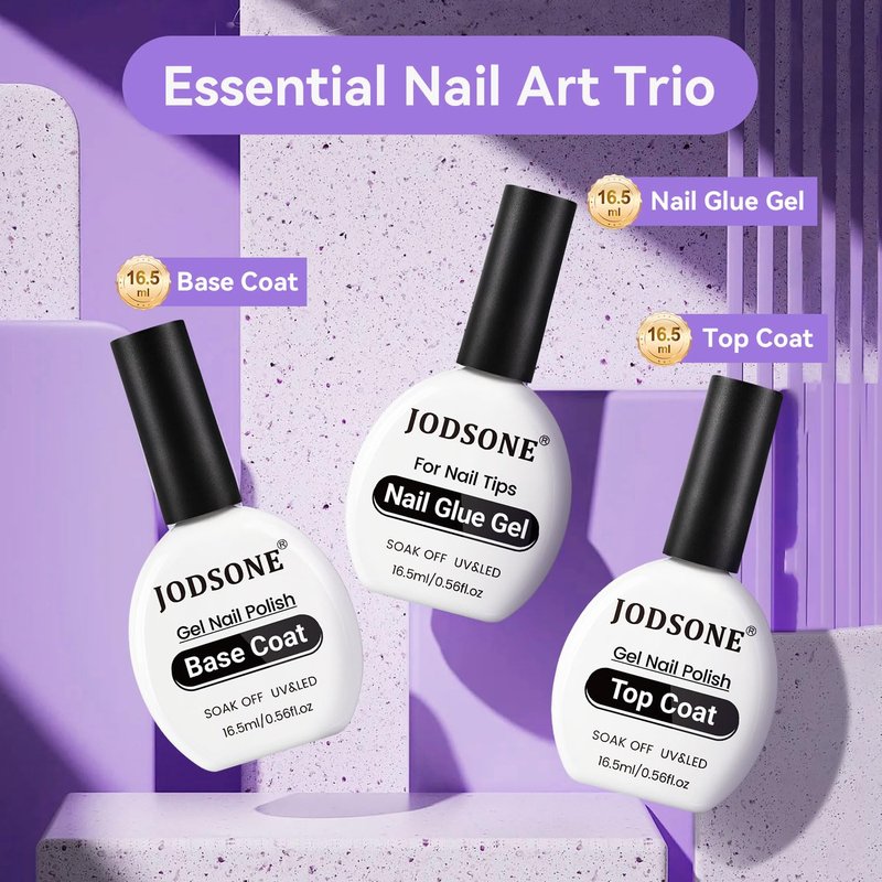 JODSONE 3Pcs 16.5ml Top Coat and Base Coat Set with Nail Glue Gel No Wipe Top Coat Base Nail Glue Gel for Attaching False Nails Securing Decorations Need U V Lamp Cured