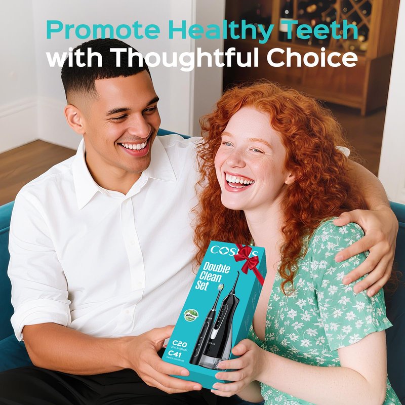 COSLUS C20 & C41 Portable Water Flosser with Electric Toothbrush Combo: 2-in-1 Oral Clean Kit for Teeth, Braces, Gums Care - Brushing & Flossing for Adults, Family, Travel Use, BPA-Free, Black