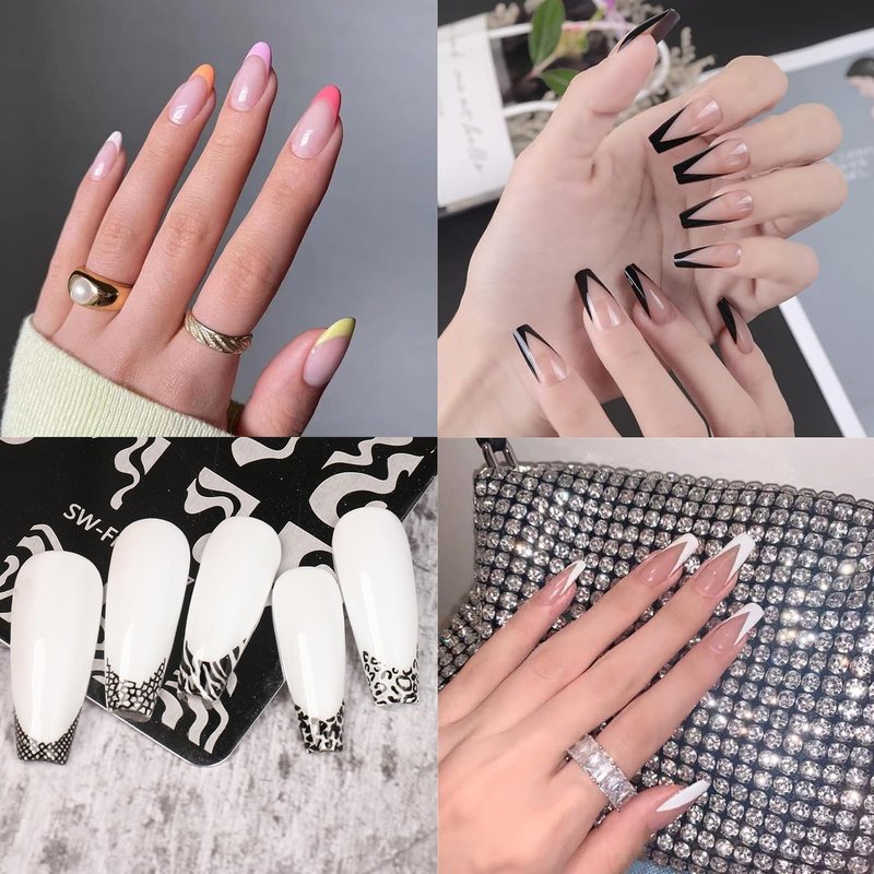 French Line Nail Stamper Plates Kit, 4Pcs Nail Stamping Plates + Dual-end Silicone Nail Stamper Tool Set, French Tip Geometric Wave Strips Snake Art Printing Template Home Salon DIY Design Manicure