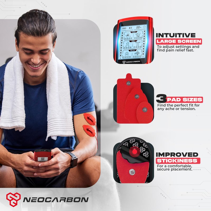 NEOCARBON TENS Unit Muscle Stimulator, Massager Machine for Shoulder, Neck, Sciatica and Back Pain Relief, Electronic Pulse Massage Physical Therapy, Red