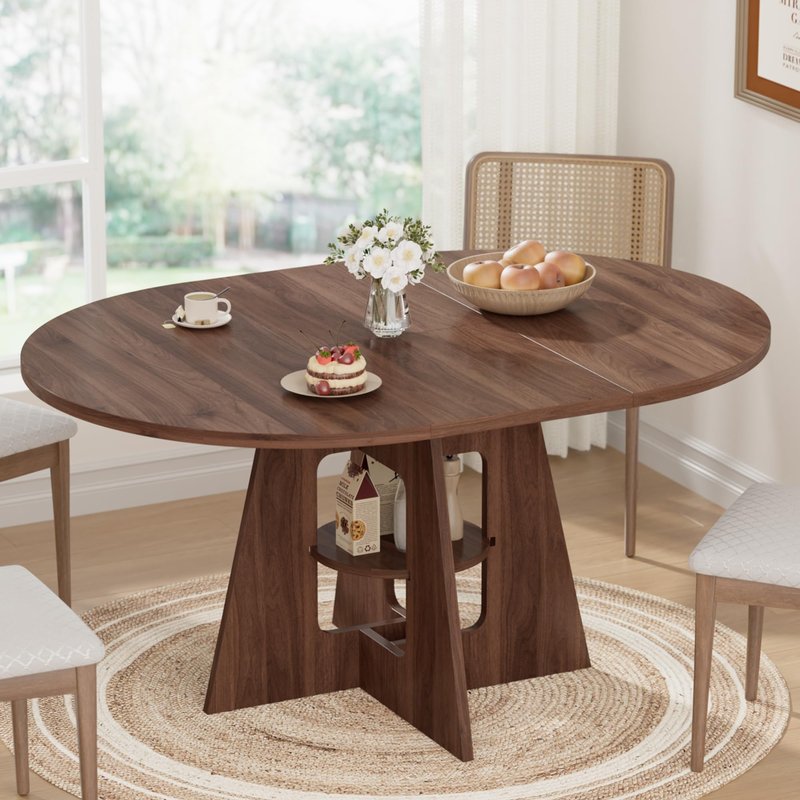43.3''-59'' Round Extendable Dining Table, Oval Dining Table for 4-8, Modern Kitchen Circle Dinning Table with Storage for Kitchen Living Room Apartments Family Meals (Walnut)
