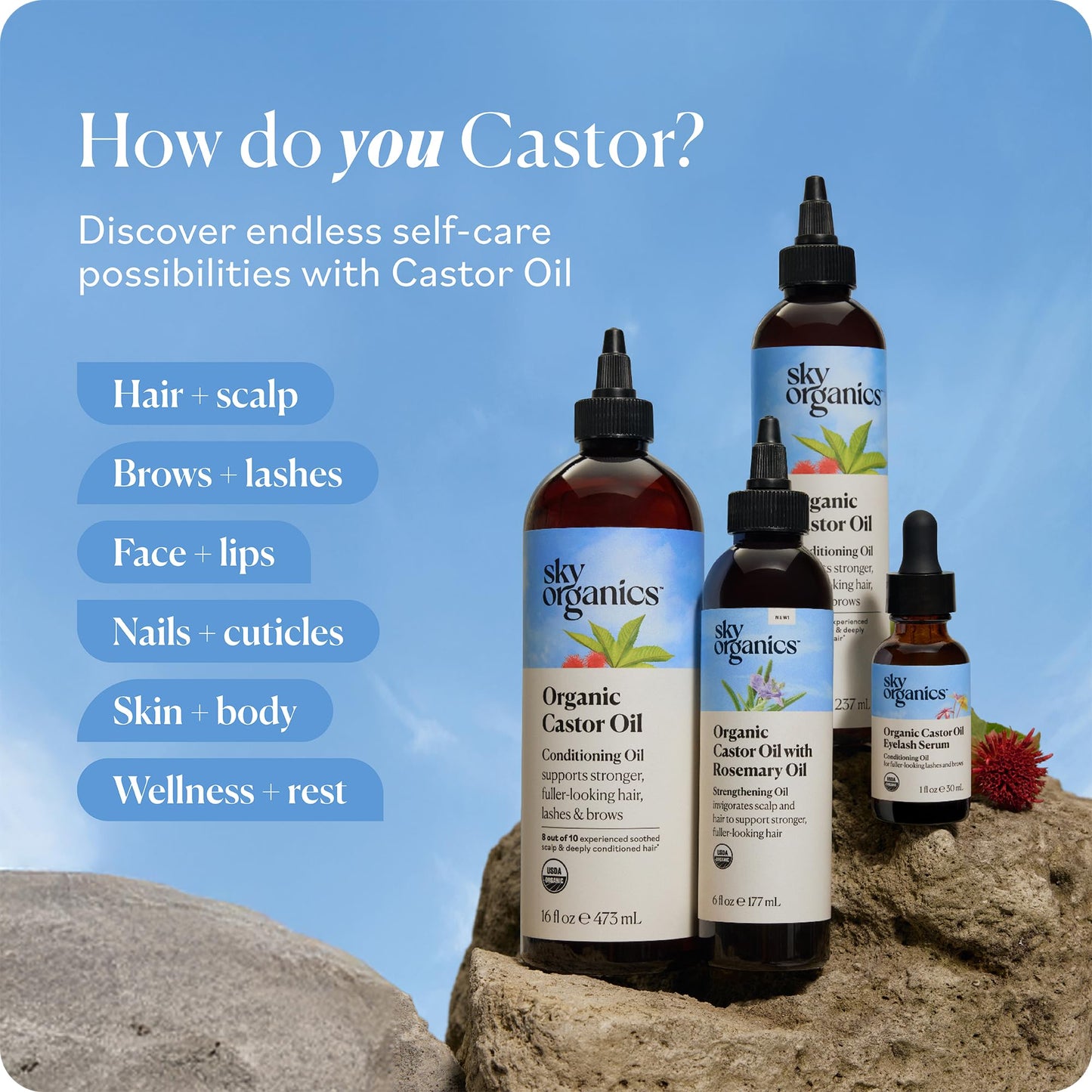 Sky Organics - Castor Oil Organic - Volumizing Hair Oil - Scalp, Lashes, Brows - Pure Castor Oil Cold Pressed - Natural Conditioner - Omega Fatty Acids, Vegan - Beauty, Hair Care, & Self Care - 16oz