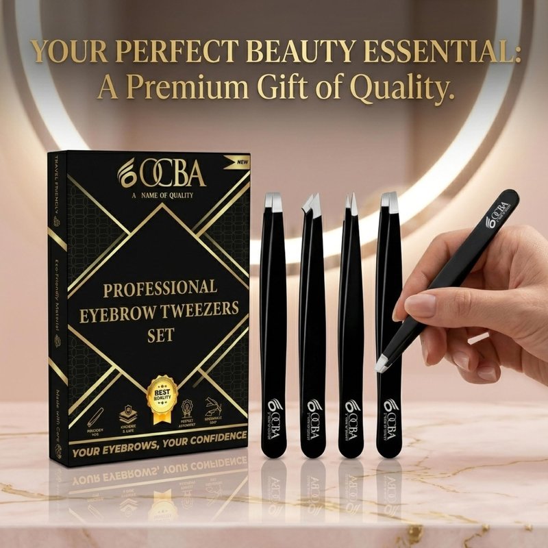 OCBA 4 Pcs Tweezers for Facial Hair Women & Men for Precise Grooming of Eyebrows - Professional Stainless Steel Black Color Coated Eyebrow Tweezers for Ingrown Hair on Nose Ear