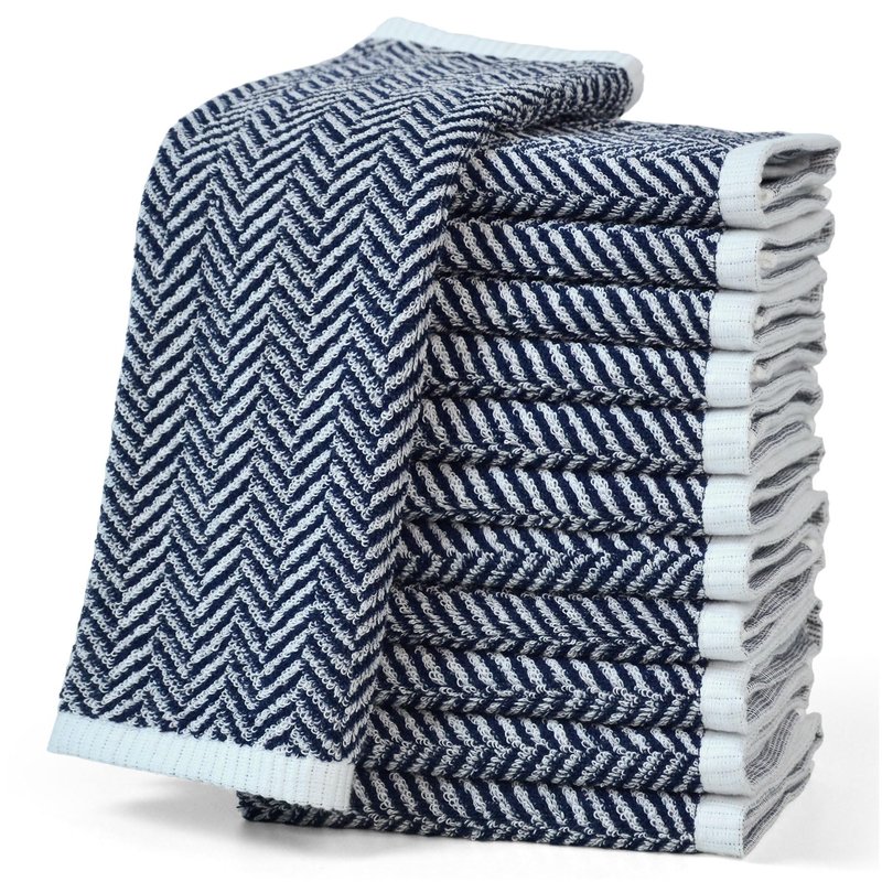 Cleanbear Wash Cloths for Showering with Striped Herringbone Patterns, 12 Cotton Washcloths for Bathroom, Large 13 X 13 Inches, Navy-Blue