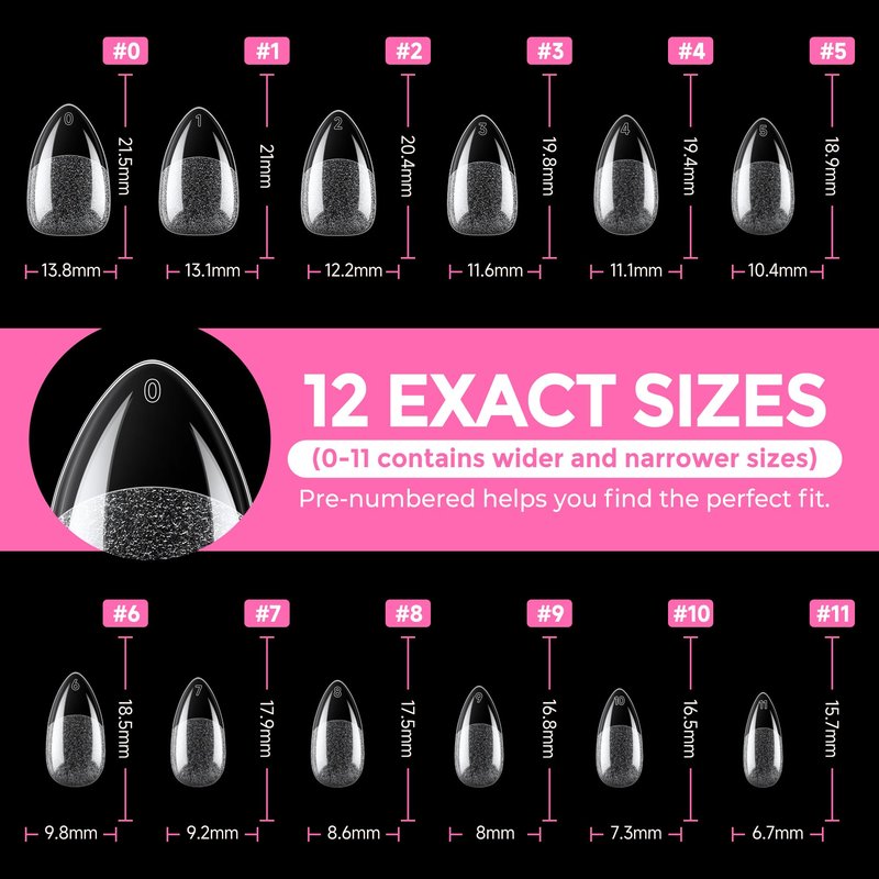 UNA GELLA Short Almond Fake Nails 216pcs Pre-shape Gel Acrylic Nail Tips for Full Cover Nail Extension Home DIY Nail Salon 12 Sizes Gelly Tips