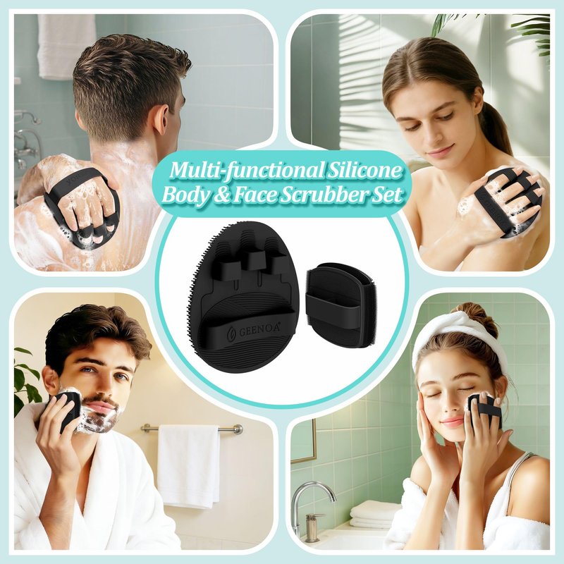 GEENOA Silicone Body & Face Scrubber Set, 360° Anti-Slip & Hand-fit Silicone Shower Scrubber for Rich Foaming Deep Cleaning, Unique Facial Scrubber with Side-bristles for Contoured Areas.(Black)