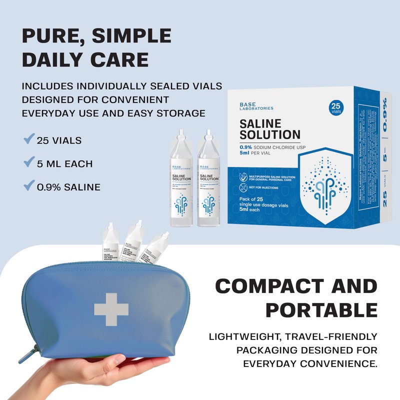 BASE LABORATORIES 0.9% Saline Solution Vials - Versatile 0.9% Sodium Chloride Saline Ampoules - Preservative Free Saline Solution Single use vials - USP Grade 25 Vials x 5ml Count