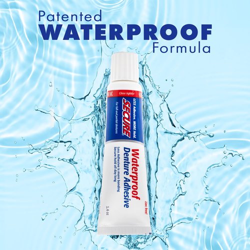 Secure Waterproof Denture Adhesive - Zinc Free - Extra Strong 12 Hour Hold - 1.4 oz (Pack of 4)