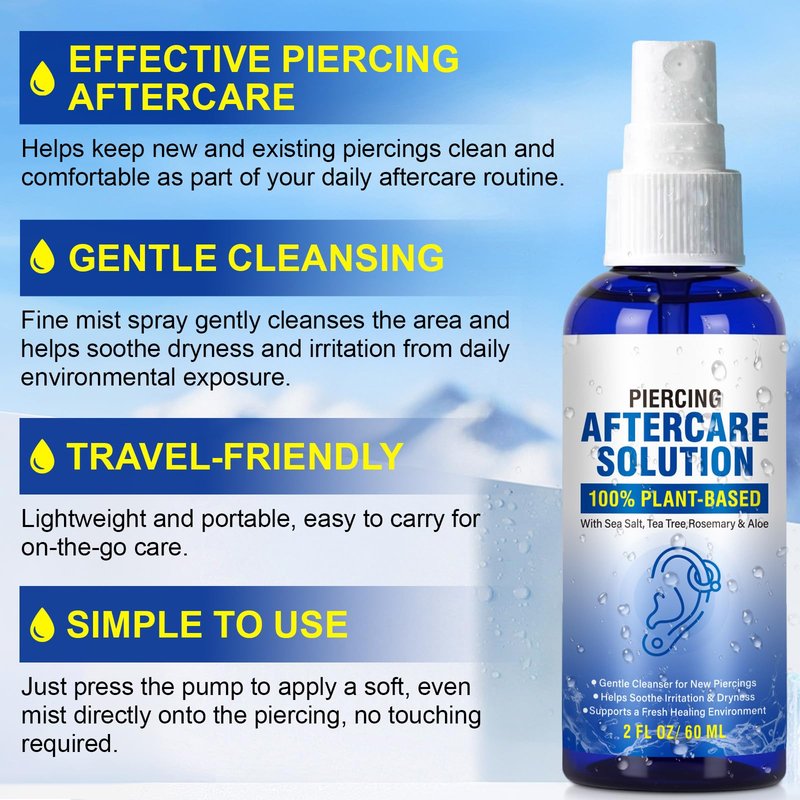 Piercing Aftercare Spray, Piercing Cleaner Spray for Body and Facial Piercings – Ear, Nose, Navel, Oral & Skin Piercings Cleaner, Cleansing & Moisturizing - 2 Fl Oz