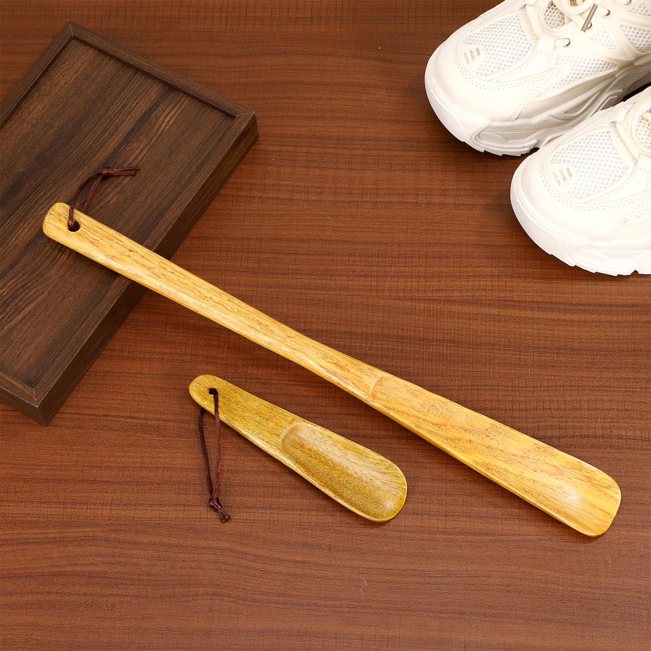 GLEAVI 2 Pack Wood Shoe Horn Set, Long Handle Boot Helper for Seniors, Portable Travel Shoe Spoon, Solid Wooden Lifter with Hanging Loop (15.7" & 6.3")