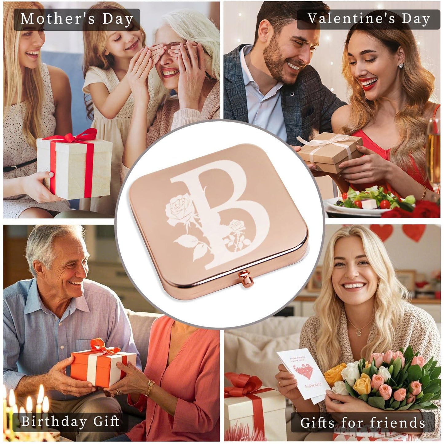 Ximruyuv Pocket Mirror for Women, Rosegold Square 2.8”×2.8” Metal Frame Double Sided Mini Magnifying 1X/2X Pocket Mirror for Men Can be Used as Gifts for Woman (B)
