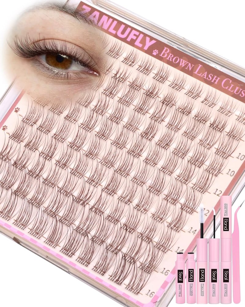 Natural Brown Lash Clusters Kit - Dark Brown Eyelash Extensions for Soft Glam | 8-16mm DIY Individual Lashes with Clear Band