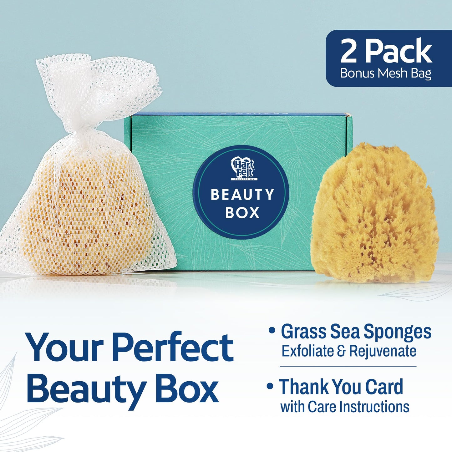 HartFelt Exfoliating Grass Sea Sponge Beauty Box | 2 Bath Sponges for Shower Women & Men 4in | Natural Sponge with Mesh Bag for Cleaning & Drying | Cleanses Skin from Dirt & Excess Oil - Gift Box