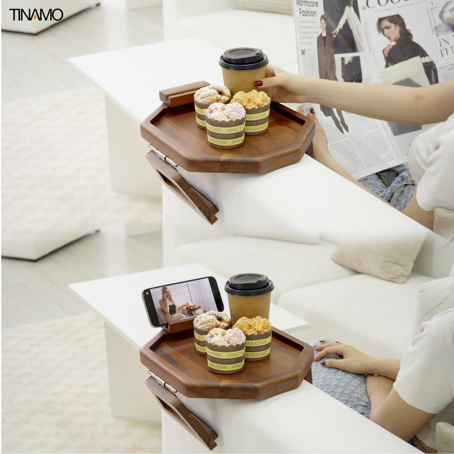 Tinamo Octagonal Acacia Sofa Arm Tray, Couch Armrest Table with Folding Arms - Armchair Caddy, Clip on Tray with Adjustable Arm Hinges for Home Sofa Living Room (Acacia, Octagon Phone Holder)