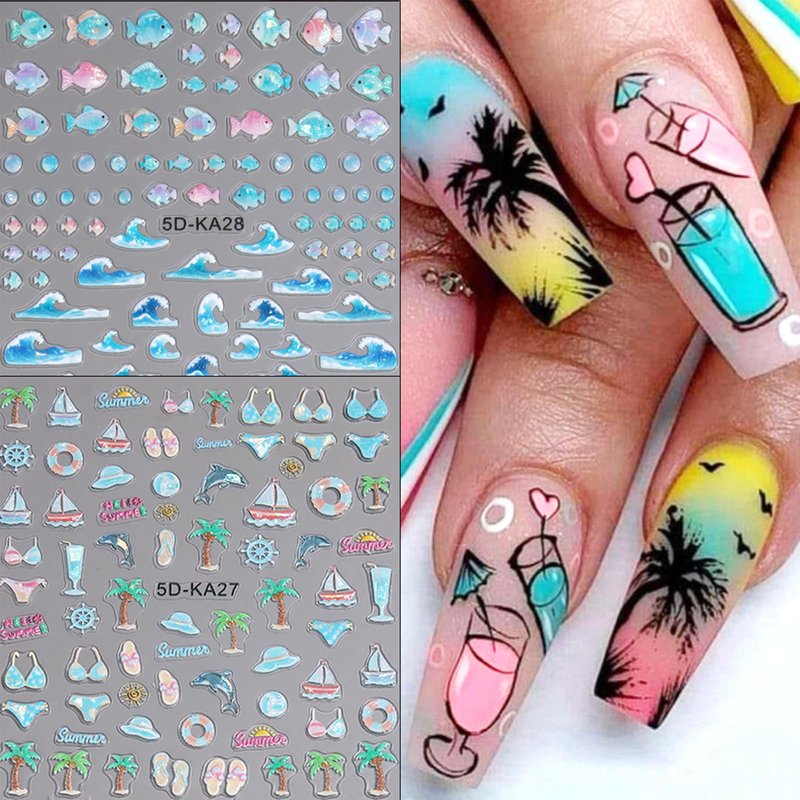 Summer Nail Stickers 5D Embossed Ocean Nail Decals Beach Nail Art Stickers 2PCS Blue Wave Fish Palm Tree Sailboat Design Adhesive Nail Art Supplies for Women Tropical Style Nail Decor