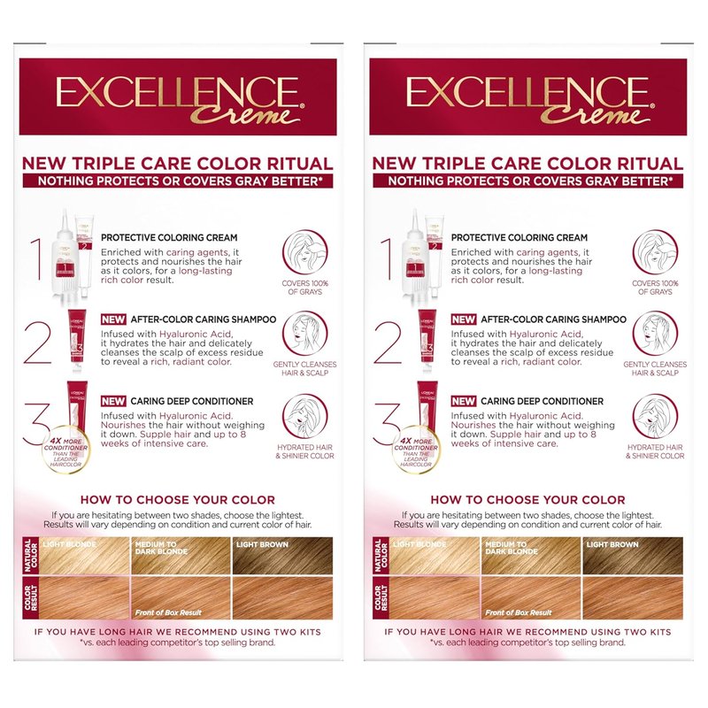 L'Oreal Paris Hair Dye - Excellence Crème Triple Care Color with Hyaluronic Acid for 100% Gray Coverage | 8RB Reddish Blonde, 2 Kits