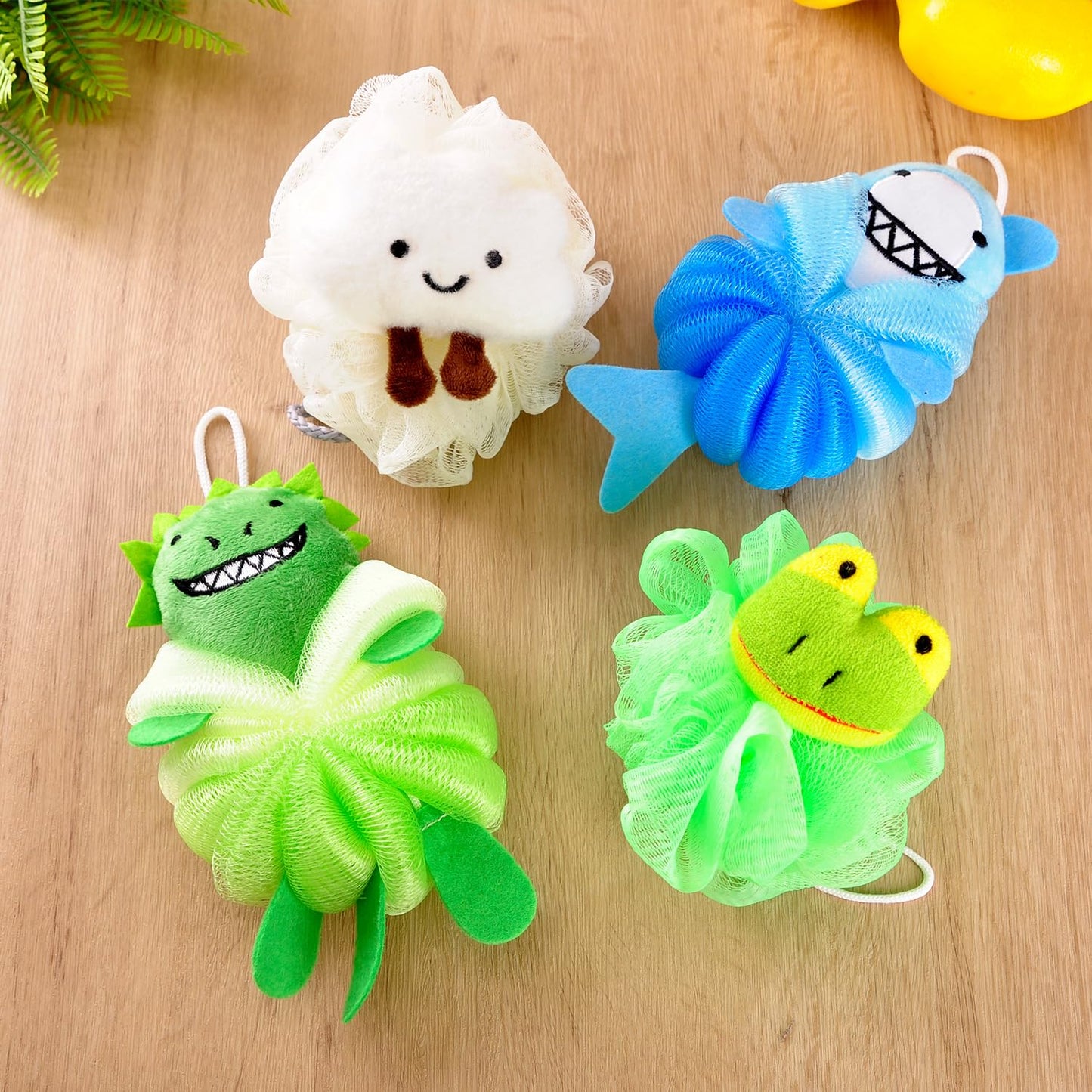 RAMFIYN 2 Pack Fun Bubble Bath Kid Loofahs, Cute Animal Loofah Bath Sponge, Shower Puffs Body Scrubber, Fun Bath Sponges - Shark and Dinosaur