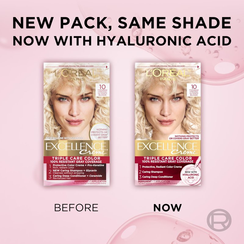 L'Oreal Paris Excellence Crème Permanent Hair Dye, Triple Care Hair Color with Hyaluronic Acid for 100% Gray Coverage, 10 Lightest Ultimate Blonde, 1 Kit (Packaging May Vary)