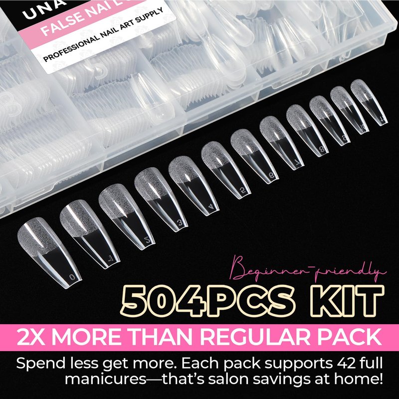 UNA GELLA Long Coffin Nail Tips, 504pcs Pre-Shape Fake Nails Half Matte Full Cover Acrylic Gel Nail Tips Clear Long Coffin Press On Nails Home DIY Extension 12 Sizes Gelly Tips