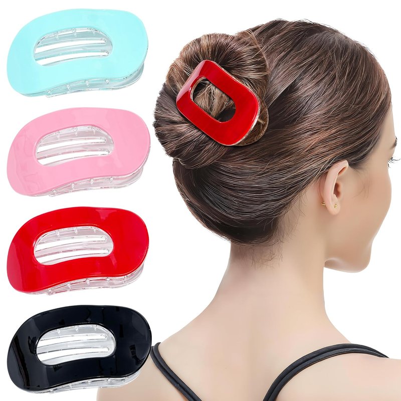 Flat Hair Clips for Women - 4PCS Non-Slip Acrylic Claw Clips | Pink, Green, Red, Black