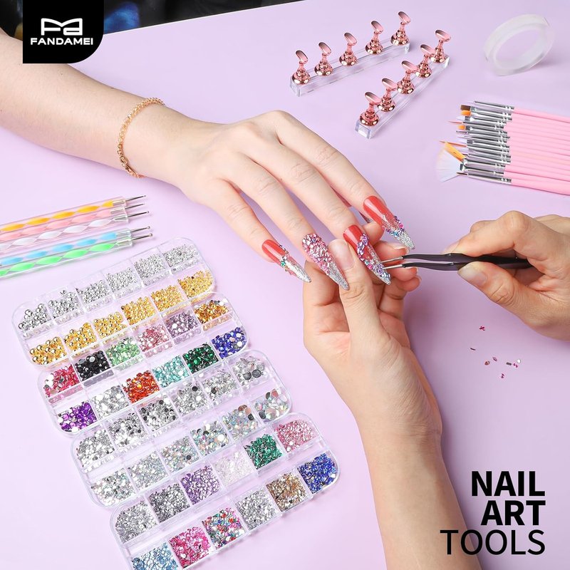 FANDAMEI Nail Art Tools Set - 15 PCS Acrylic Brushes, Dotting Tools & Nail Gems for Creative Designs