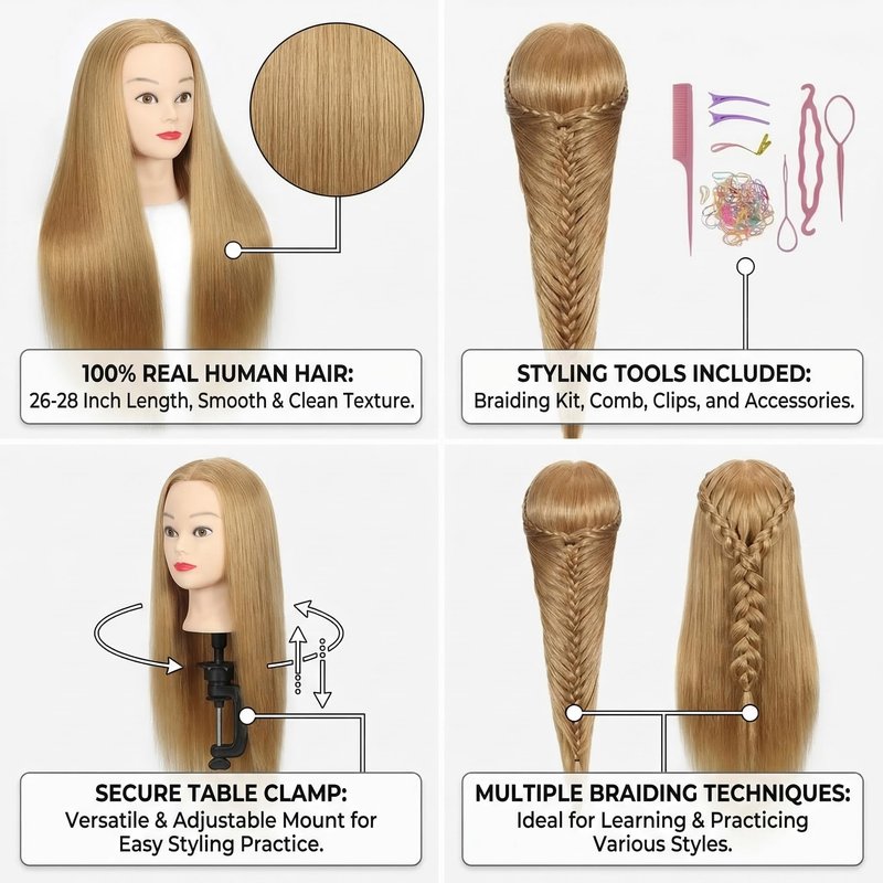 80% Real Hair Mannequin Head Training Head Manikin Cosmetology Doll Head for Hairdresser Practice Braiding Hair Styling with Clamp stand 26-28inch