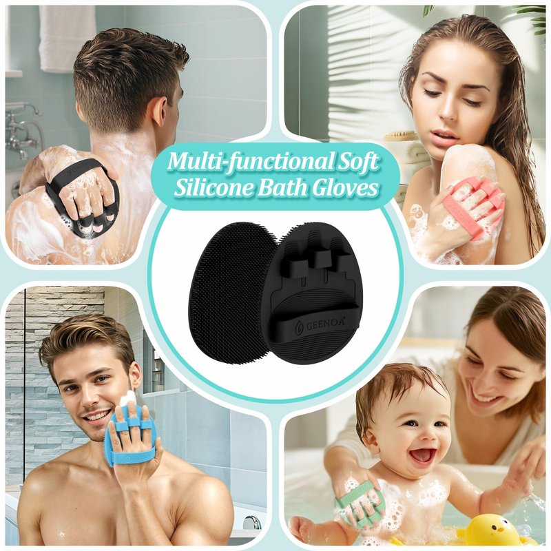GEENOA Back Scrubber for Shower, 15.35’’ Soft Silicone Back Scrubber with Dual-Side Brush Head, Long Handle Back Brush Shower Brush with Lathering Soft Bristles and Scrubbing Thick Bristles(Black)