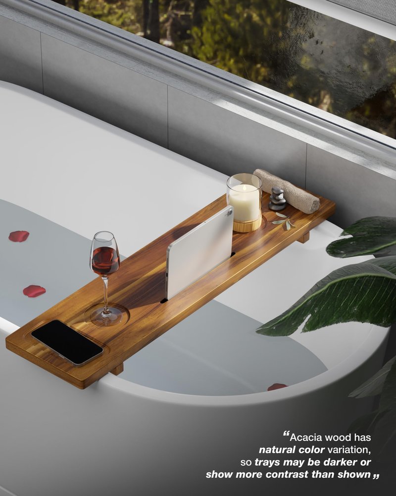 LotusSway Bathtub Tray, Acacia Bath Tray for Tub, 34.6''x9'' Wooden Bathtub Caddy Tray with Adjustable Legs Fit Various Bathtubs, Anti-Tipping, Sustainable Bath Table with Wine Glass and Tablet Holder