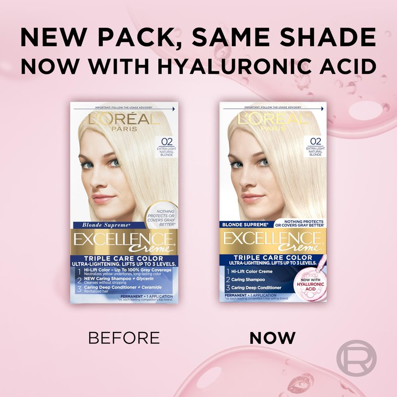 L'Oreal Paris Excellence Crème Permanent Hair Dye, Triple Care Hair Color with Hyaluronic Acid for 100% Gray Coverage, 02 Extra Light Natural Blonde, 1 Kit (Packaging May Vary)